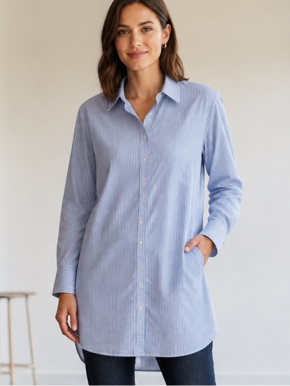 Classic Light Blue Pinstripe Longline Tunic Shirt